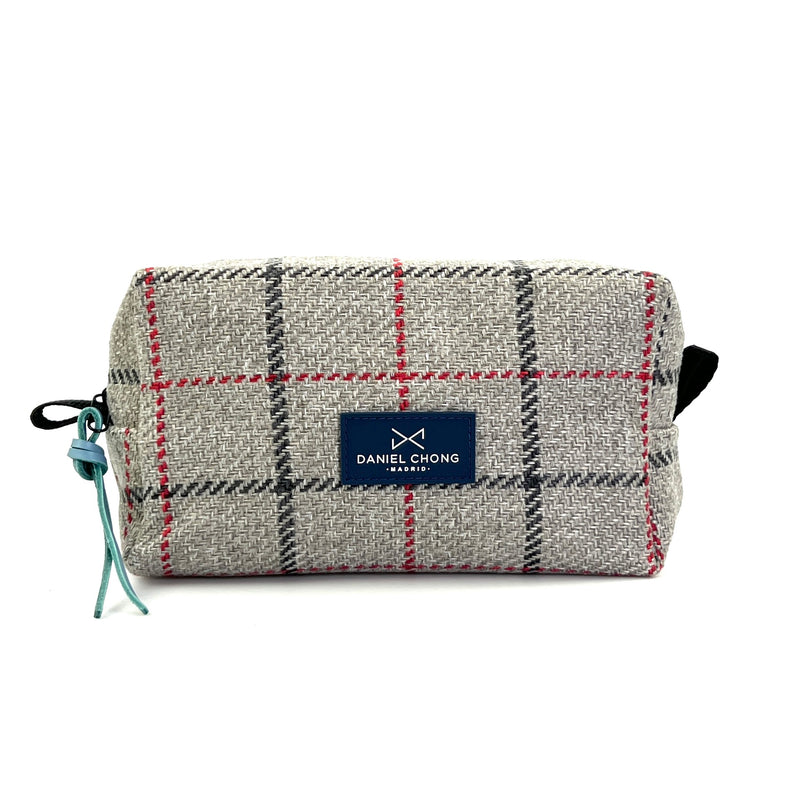 Gray and red checkered bucket toiletry bag 